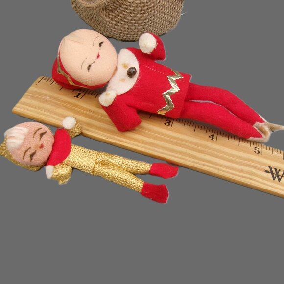 2 Vintage Pixie Elf Christmas Ornaments, Poseable Sitters, Red and Gold Lame - Picture 7 of 7